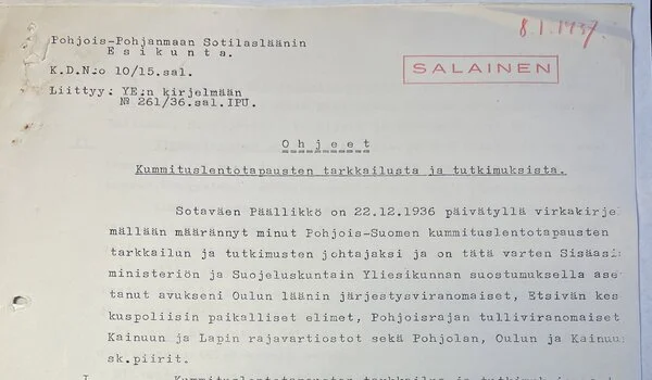 No documento, uma carta redigida por um capitão do exército finlandês, e disponível apenas fisicamente, descreve a designação a ele dada para investigar os chamados "voos fantasmas", que foram relatados em todo o norte da Escandinávia na época.