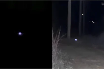 In the video, recorded on a deserted road, the alleged orb can be seen floating close to the ground. It then takes flight, and gunshots can be heard.