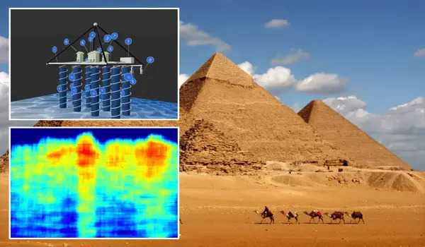 A new radar scan reveals a vast artificial substructure — a colossal underground complex stretching nearly 1,067 meters beneath the Giza Plateau in Egypt — linking chambers as large as entire city blocks.