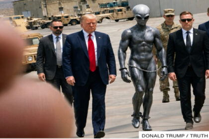 Trump publicou hoje, 17 de maio de 2026, em sua rede social, uma imagem gerada por IA mostrando-se caminhando ao lado de um alienígena cinza acorrentado, acompanhado por seguranças. Mas será que, no fundo, isso representa apenas mais um meme?