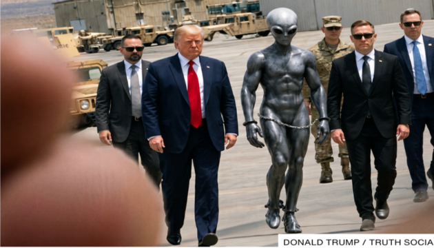 Trump publicou hoje, 17 de maio de 2026, em sua rede social, uma imagem gerada por IA mostrando-se caminhando ao lado de um alienígena cinza acorrentado, acompanhado por seguranças. Mas será que, no fundo, isso representa apenas mais um meme?